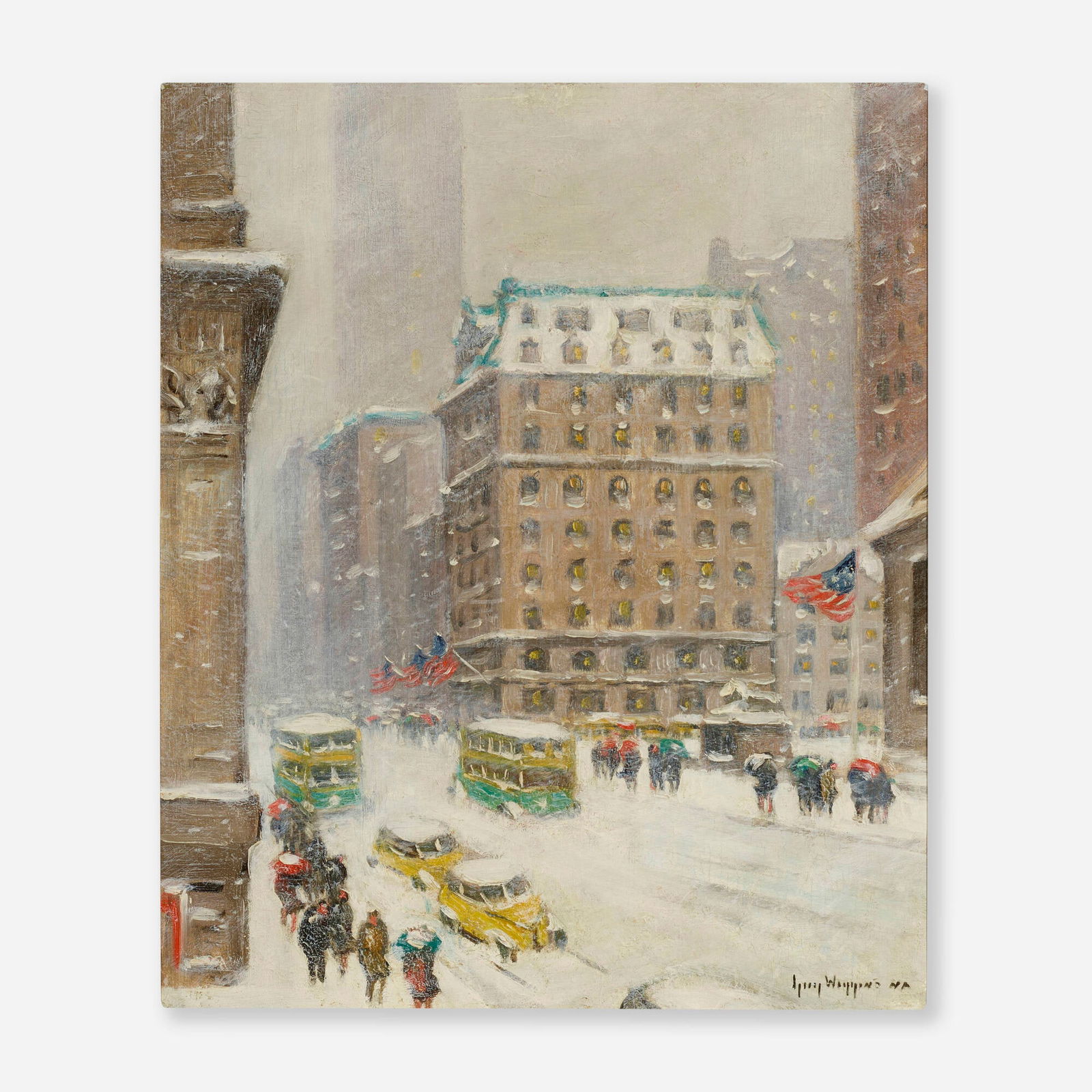 Guy Carleton Wiggins, Untitled: Guy Carleton Wiggins Untitled (New York Public Library) oil on canvas 24.25 h x 20.125 w in (62 x 51 cm) Signed to lower right 'Guy Wiggins NA'. Signed and inscribed to verso '5th Ave From 42nd St G