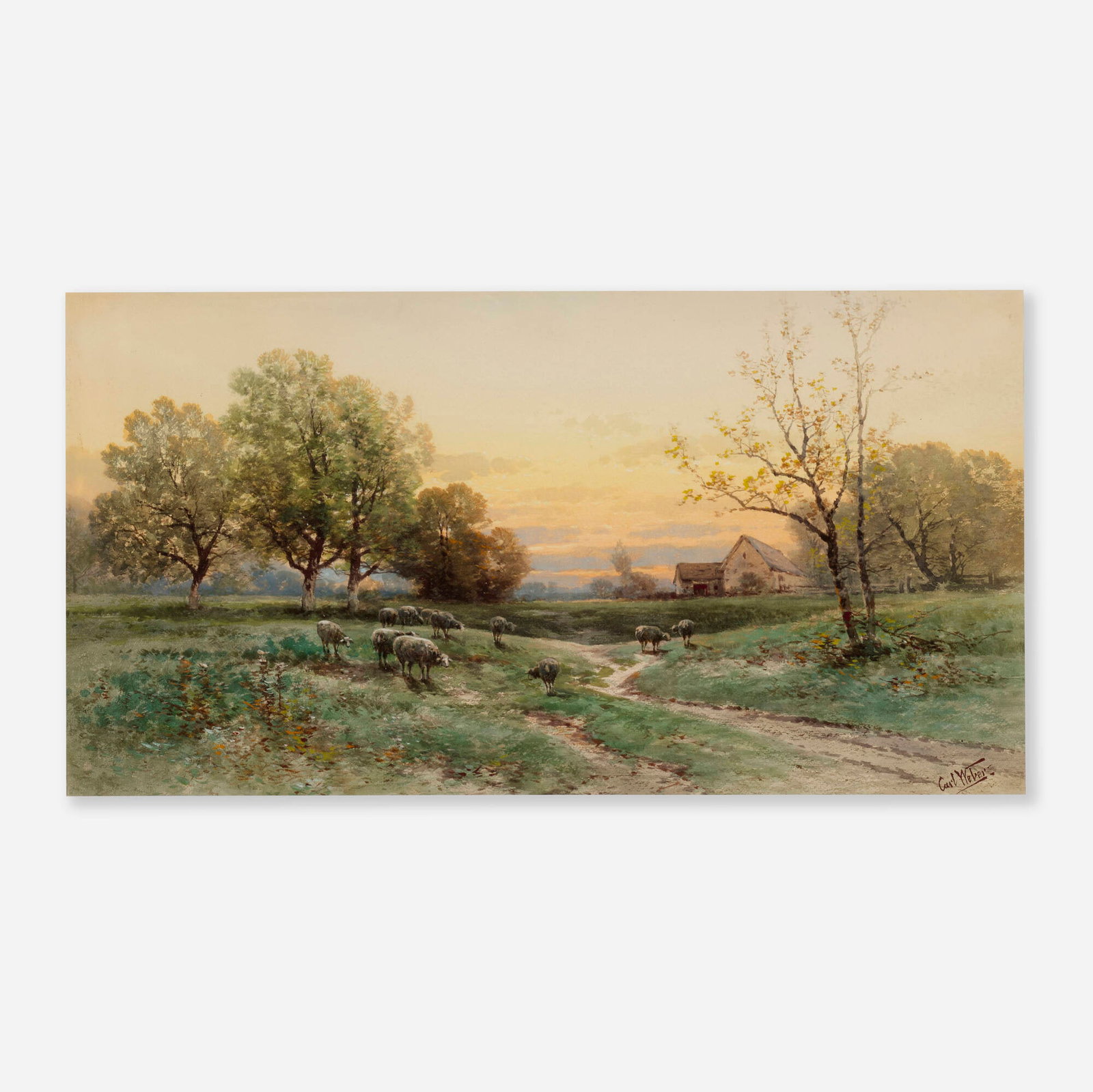 Carl Weber, Untitled (Sheep in Field): Carl Weber Untitled (Sheep in Field) watercolor on paper sight: 13.25 h x 25.625 w in (34 x 65 cm) Signed to lower right 'Carl Weber'. Provenance: Private Pennsylvania Collec