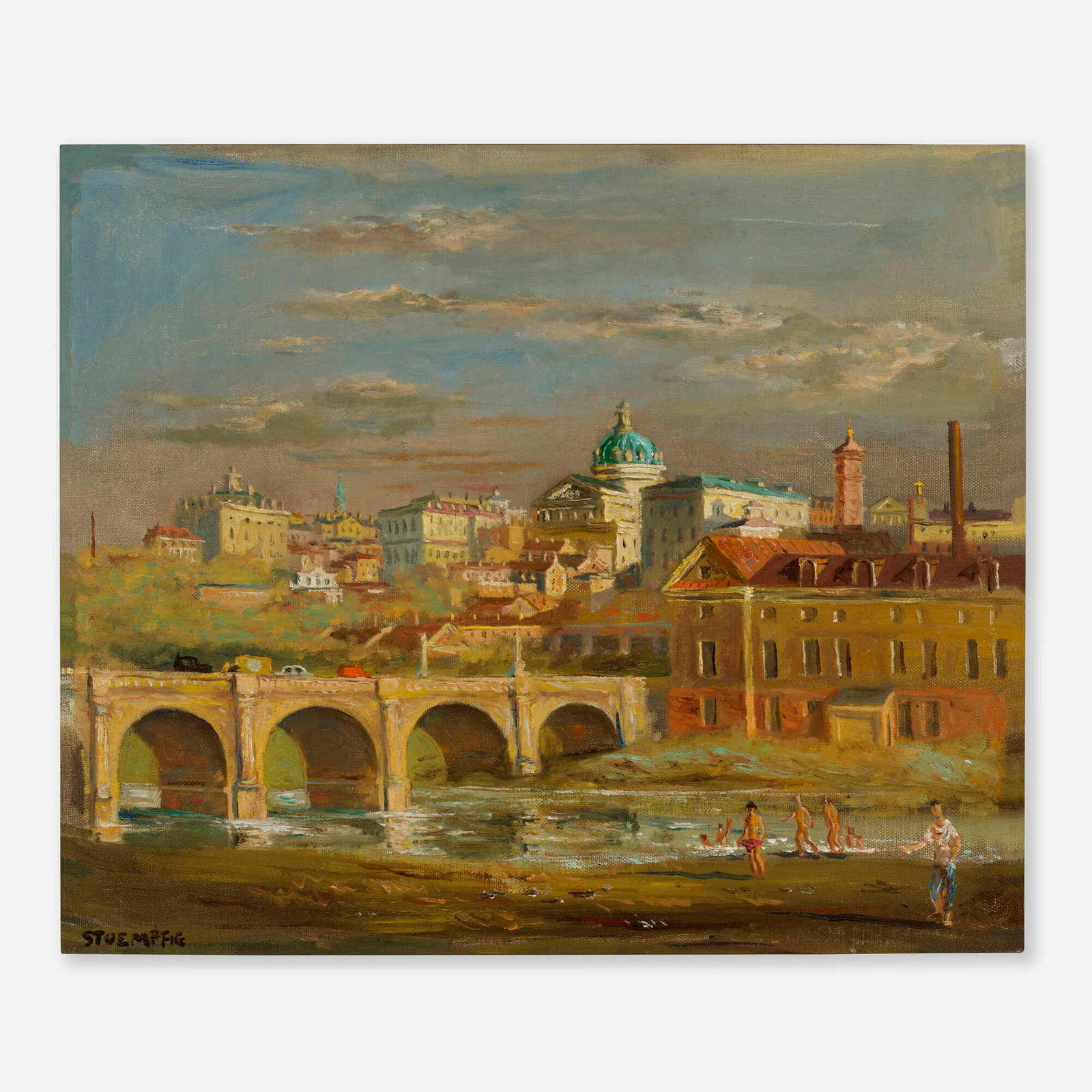 Walter Stuempfig, Norristown from the Schuylkill: Walter Stuempfig Norristown from the Schuylkill oil on canvas 16 h x 19 w in (41 x 48 cm) Signed to lower left 'Steumpfig'. Provenance: Newman Galleries, Philadelphia | Colle