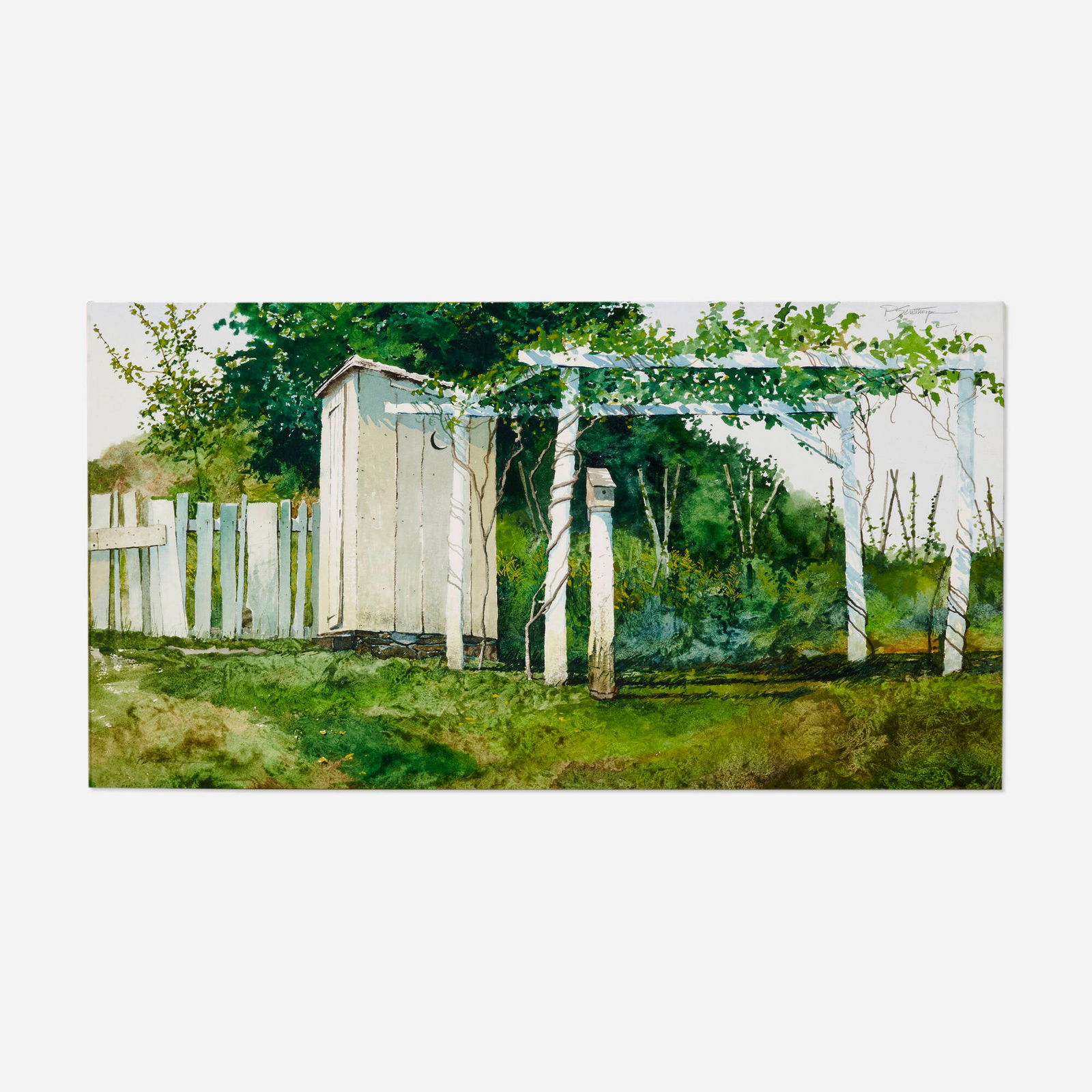 Peter Sculthorpe, Garden Pergola and Outhouse: Peter Sculthorpe Garden Pergola and Outhouse watercolor on paper sight: 10.75 h x 20.25 w in (27 x 51 cm) Signed to upper right 'P. Schulthorpe'. This work will ship from Lambert