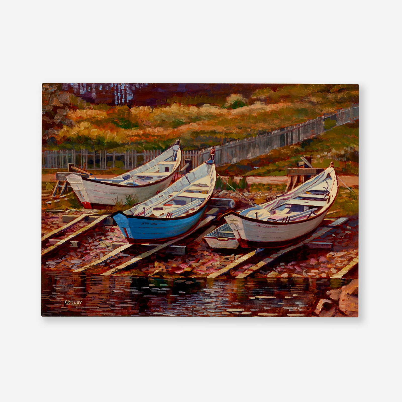 Joseph Crilley, Bateau, St. Pierre et Miquelon: Joseph Crilley Bateau, St. Pierre et Miquelon 1983 oil on panel 9 h x 12 w in (23 x 30 cm) Signed to lower left 'Crilley'. Signed, titled and dated to verso 'Bateau, St. Pierre et Miquelon Jose