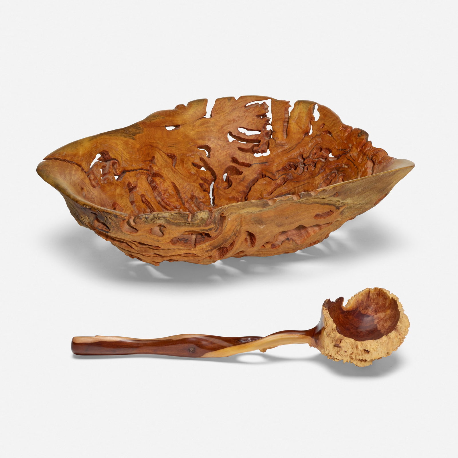 Bob Womack, Bowl and spoon: Bob Womack Bowl and spoon USA, 1985 Aspen burl, burl 5 h x 18 w x 14 d in (13 x 46 x 36 cm) 15 h x 4.5 w x 3 d in (38 x 11 x 8 cm) Signed and dated with wood type to underside of bowl 'Aspen