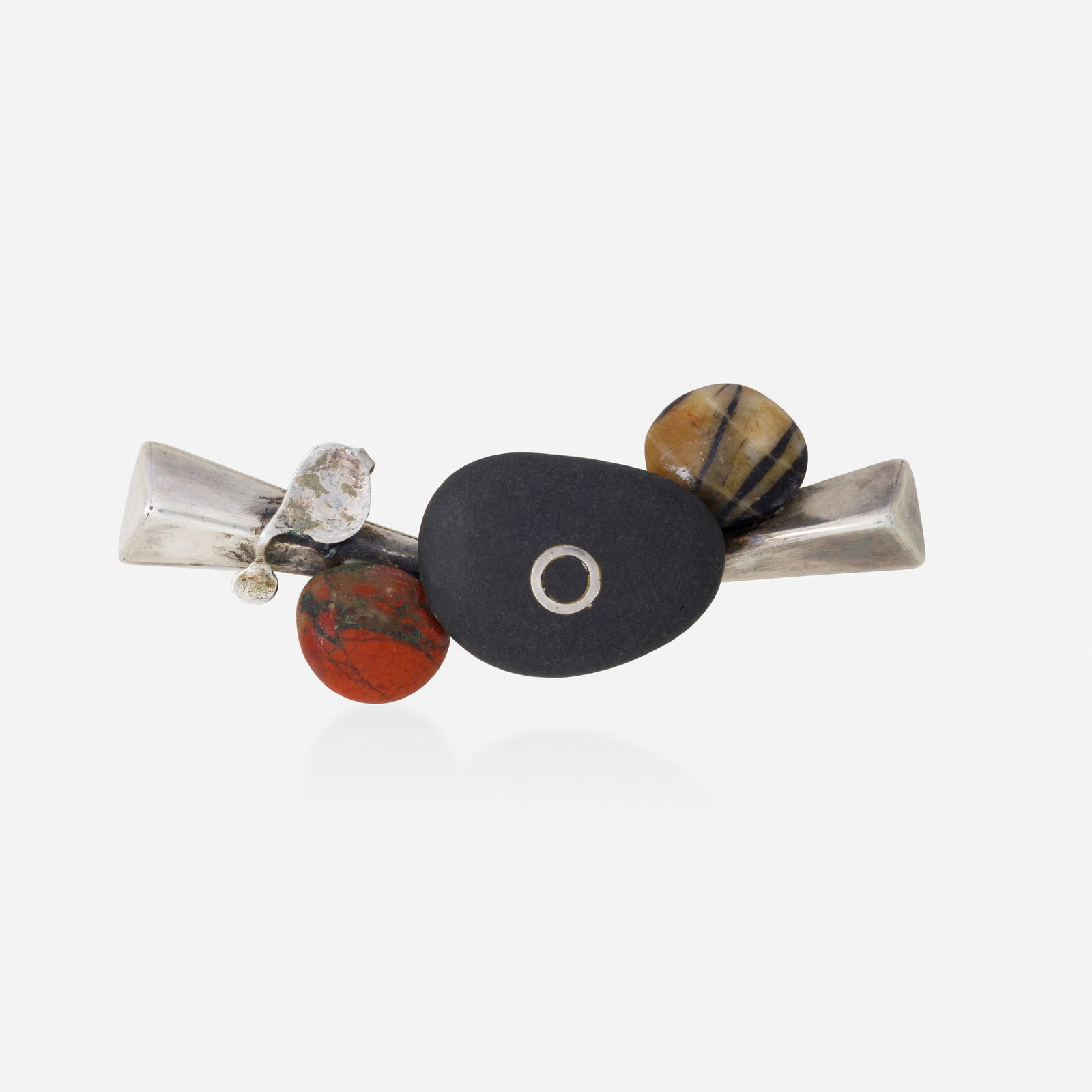 Margaret De Patta, Sterling and pebble brooch: Margaret De Patta Sterling silver, gold, and pebble brooch Set with three polished pebbles; 1950s Sterling silver and 14k gold Signed de patta 3 x 1 in; Gross weight 19.6 dwts