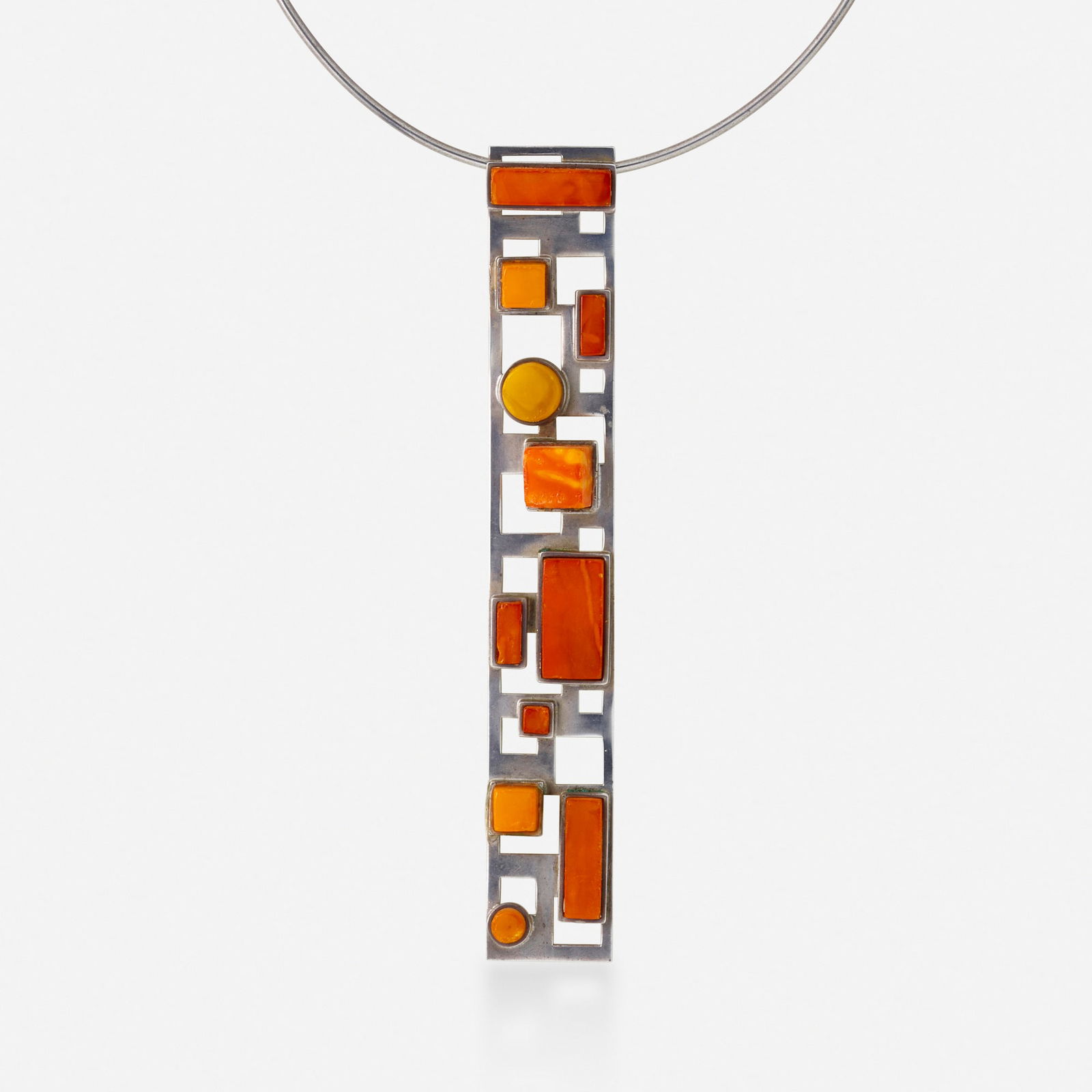 Bent Knudsen, Sterling silver and amber necklace: Bent Knudsen Sterling silver and amber necklace The Danish silversmith, trained in the workshop of Hans Hansen, established his own workshop in 1956 with his wife Anni. They created mostly silver jewe