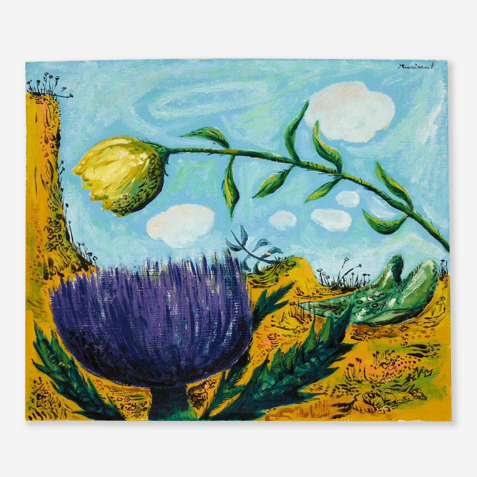 Tobias Musicant, Flowers in Landscape: Tobias Musicant Flowers in Landscape oil on Masonite 12 h x 14.25 w in (30 x 36 cm) Signed to upper right 'Musicant'. This work will ship from Lambertville, New Jersey.