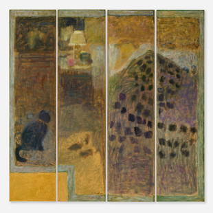 David Fertig, Bedroom (Screen): David Fertig Bedroom (Screen) 1989oil on linen laid to board (four panel screen) panel, each: 69 h x 18 w in (175 x 46 cm) overall: 69 h x 72 w in (175 x 183 cm) Signed and dated to lower r