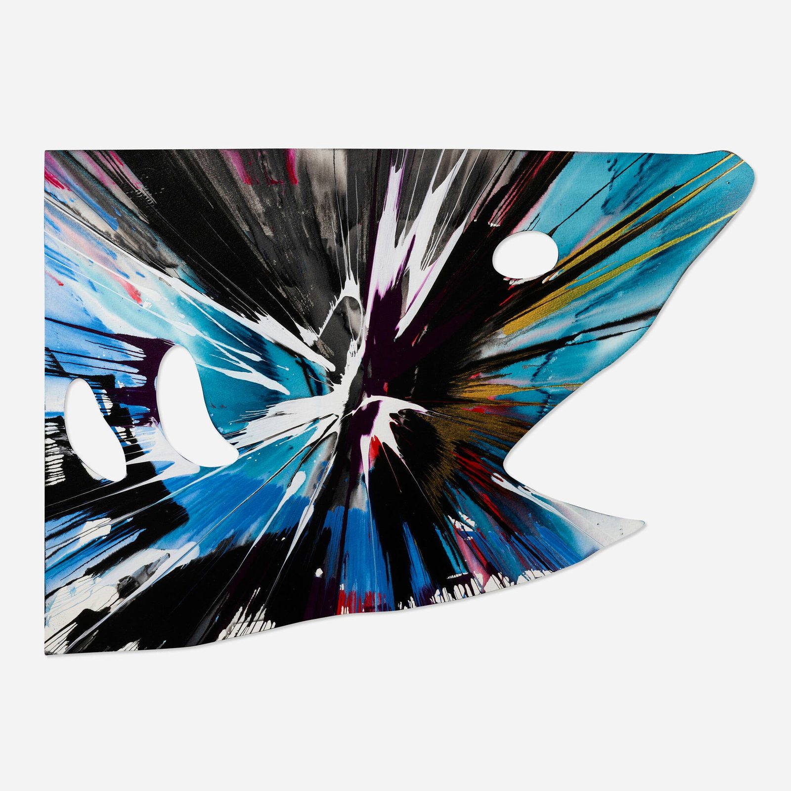 Damien Hirst, Shark Spin Painting: Damien Hirst Shark Spin Painting 2009 acrylic on paper 19.25 h x 26.5 w in (49 x 67 cm) Created with public collaboration at the Damien Hirst Spin Workshop to celebrate the opening of Requie