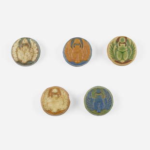 Grueby Faience Company, Collection of five scarab paperweights: Grueby Faience Company Collection of five scarab paperweights USA, 1898-1910glazed earthenware each: .875 h x 2.5 dia in (2 x 6 cm) Impressed manufacturer's mark to underside of each example '