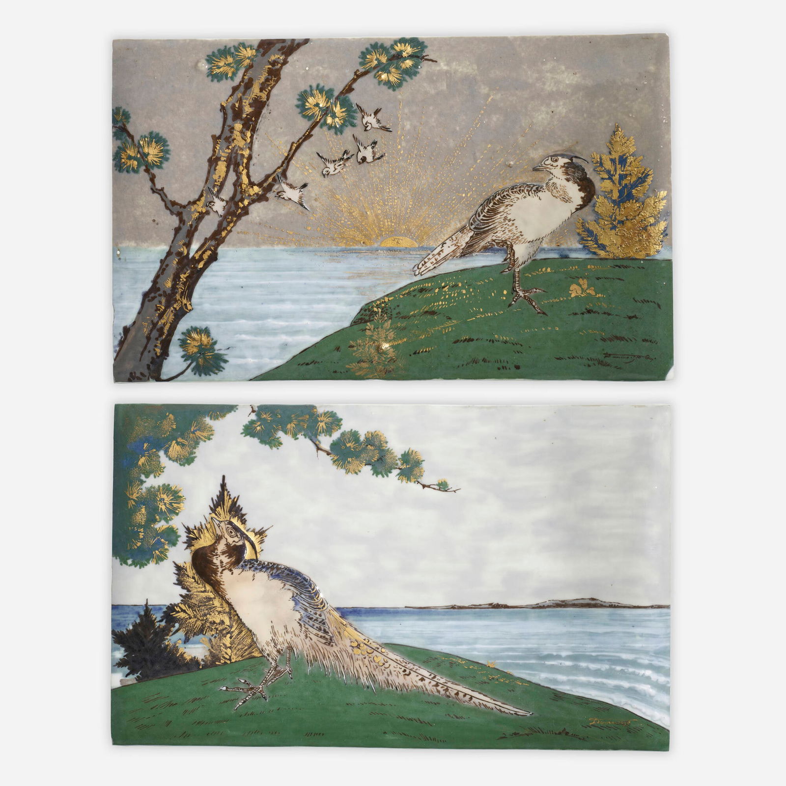 Albert-Louis Dammouse, Tiles with pheasants, set of two: Albert-Louis Dammouse Tiles with pheasants, set of two France, c. 1890glazed and gilt porcelain each: .25 h x 11 w x 7 d in (1 x 28 x 18 cm) Glazed signature to lower right of each example 'Da