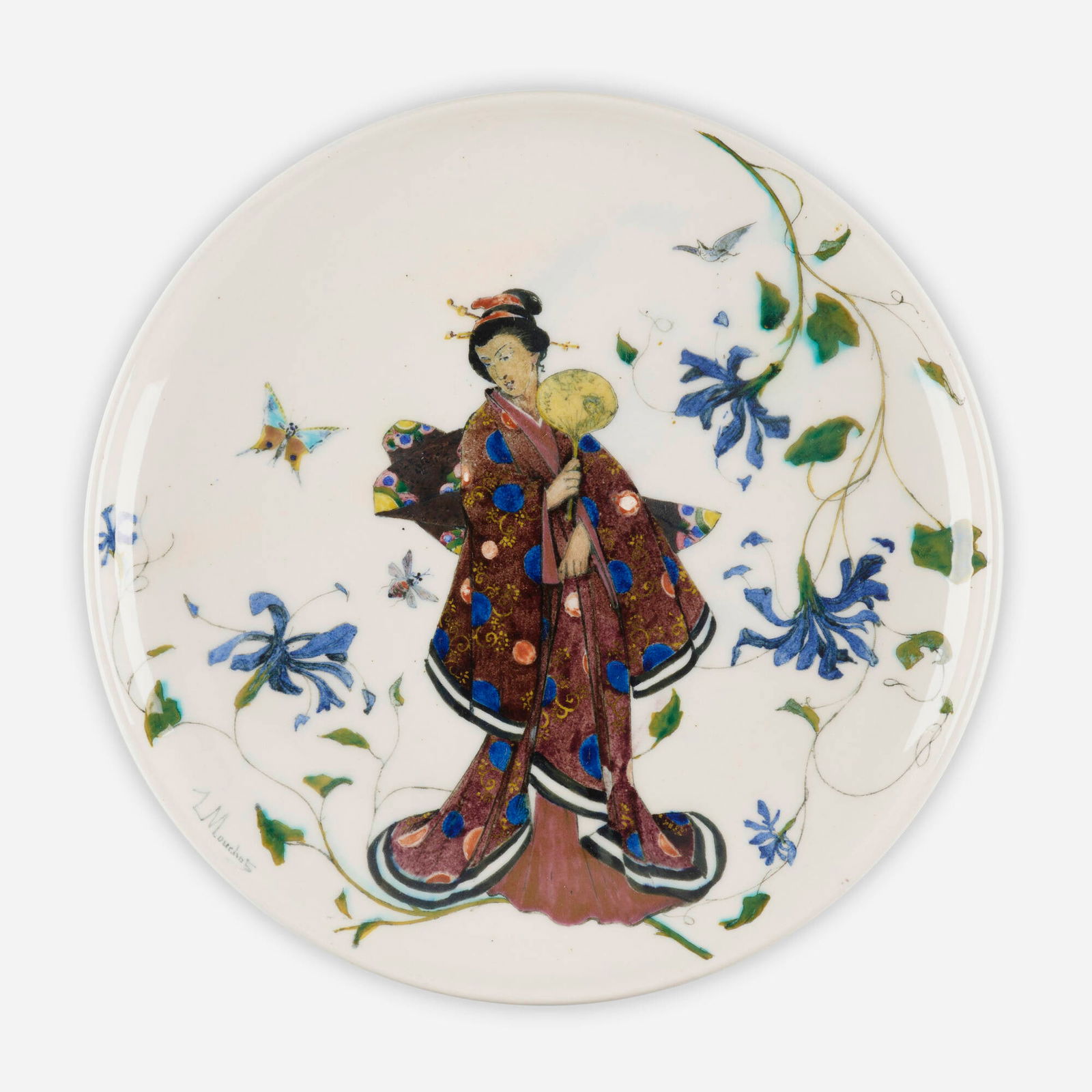 Theodore Deck, Rare plate with Japanese woman: Theodore Deck Rare plate with Japanese woman France, c. 1880faience 1.5 h x 11.75 dia in (4 x 30 cm) Glazed artist's signature to recto 'L Moucho 5'. Incised and glazed manufacturer's mark to