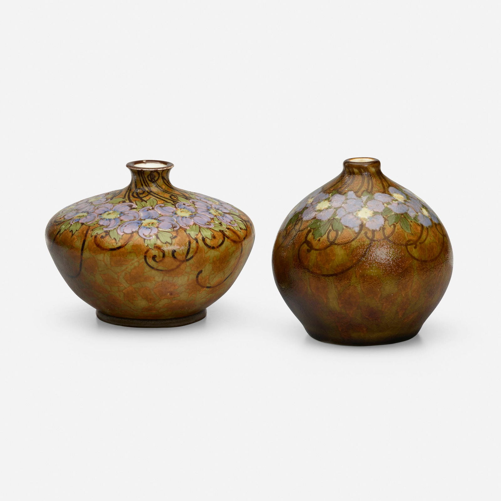 Emile Diffloth, Vases with blossoms, set of two: Emile Diffloth Vases with blossoms, set of two France, c. 1920glazed stoneware 4.75 h x 5 dia in (12 x 13 cm) 4.5 h x 6 dia in (11 x 15 cm) Glazed signature and number to underside of talle