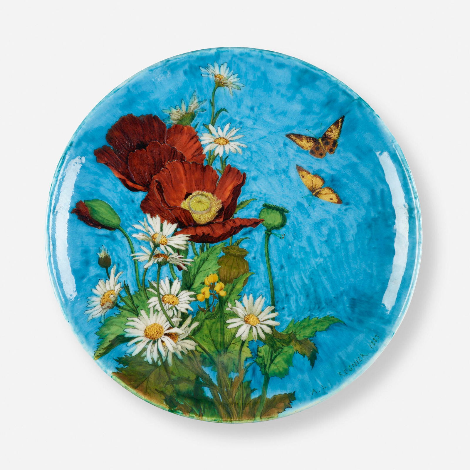 Anthony Regnier for Theodore Deck, Pavots et Marguerites charger: Anthony Regnier for Theodore Deck Pavots et Marguerites charger France, 1883faience with gold foil inclusions 2 h x 16 dia in (5 x 41 cm) Plate features poppies, daisies, snapdragons, and butt