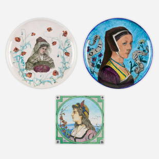 Camille Moreau-Nelaton for Theodore Deck, Collection of three Renaissance-style portrait works: Camille Moreau-Nelaton for Theodore Deck Collection of three Renaissance-style portrait works France, 1870-72faience each plate: 1.5 h x 12 dia in (4 x 30 cm) tile: .5 h x 8.5 w x 8.5 d in (1 x 22