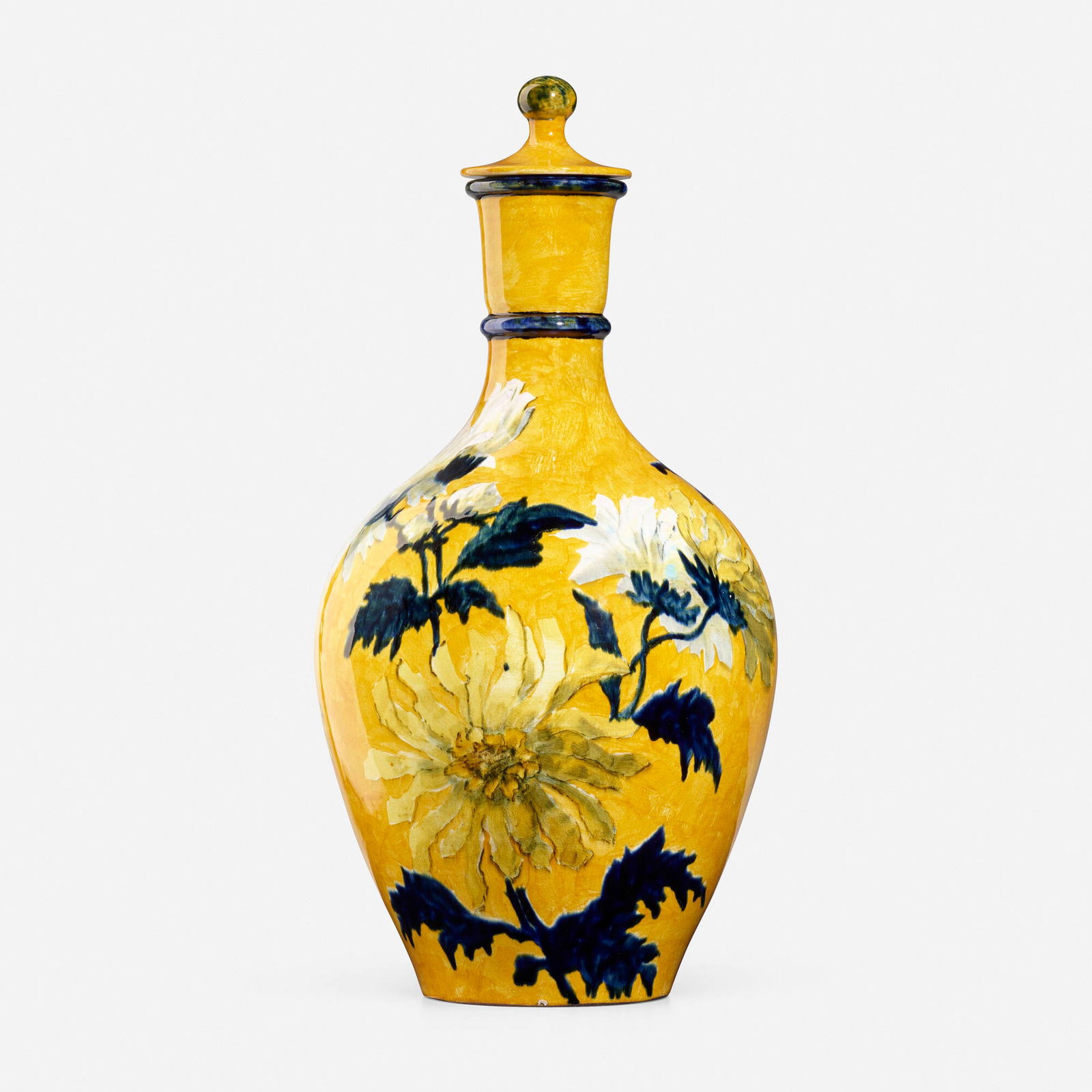 John Bennett, Large commemorative covered vessel with chrysanthemums: John Bennett Large commemorative covered vessel with chrysanthemums England/USA, 1888glazed earthenware 13 h x 6.5 dia in (33 x 17 cm) This work was made to commemorate the election of Preside