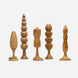 Werner Schmidt, Collection of five sculptures: Werner Schmidt Collection of five sculptures Germany/Switzerland, c. 1990turned wood largest: 15.125 h x 3 dia in (38 x 8 cm) smallest: 9 h x 3 dia in (23 x 8 cm) Signed to underside of eac