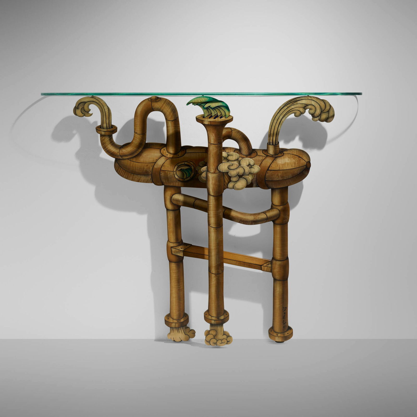 John Cederquist, Console table: John Cederquist Console table USA, c. 2001laminated, aniline-dyed oak and birch, epoxy resin, glass 42.75 h x 54.625 w x 7.5 d in (109 x 139 x 19 cm) Artist's cipher to leg in Japanese charact