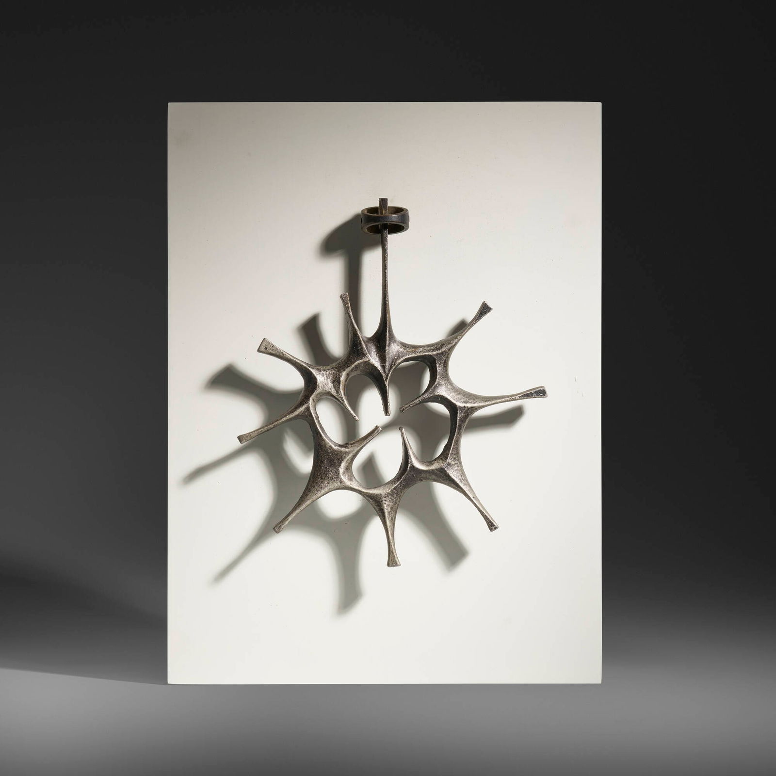 Paul Evans, Rare Argente door knocker: Paul Evans Rare Argente door knocker Paul Evans StudioUSA, c. 1965cast aluminum, steel, painted wood overall: 16 h x 12 w x 3 d in (41 x 30 x 8 cm) 10 h x 8.5 w x 1.5 d in (25 x 22 x 4 cm)