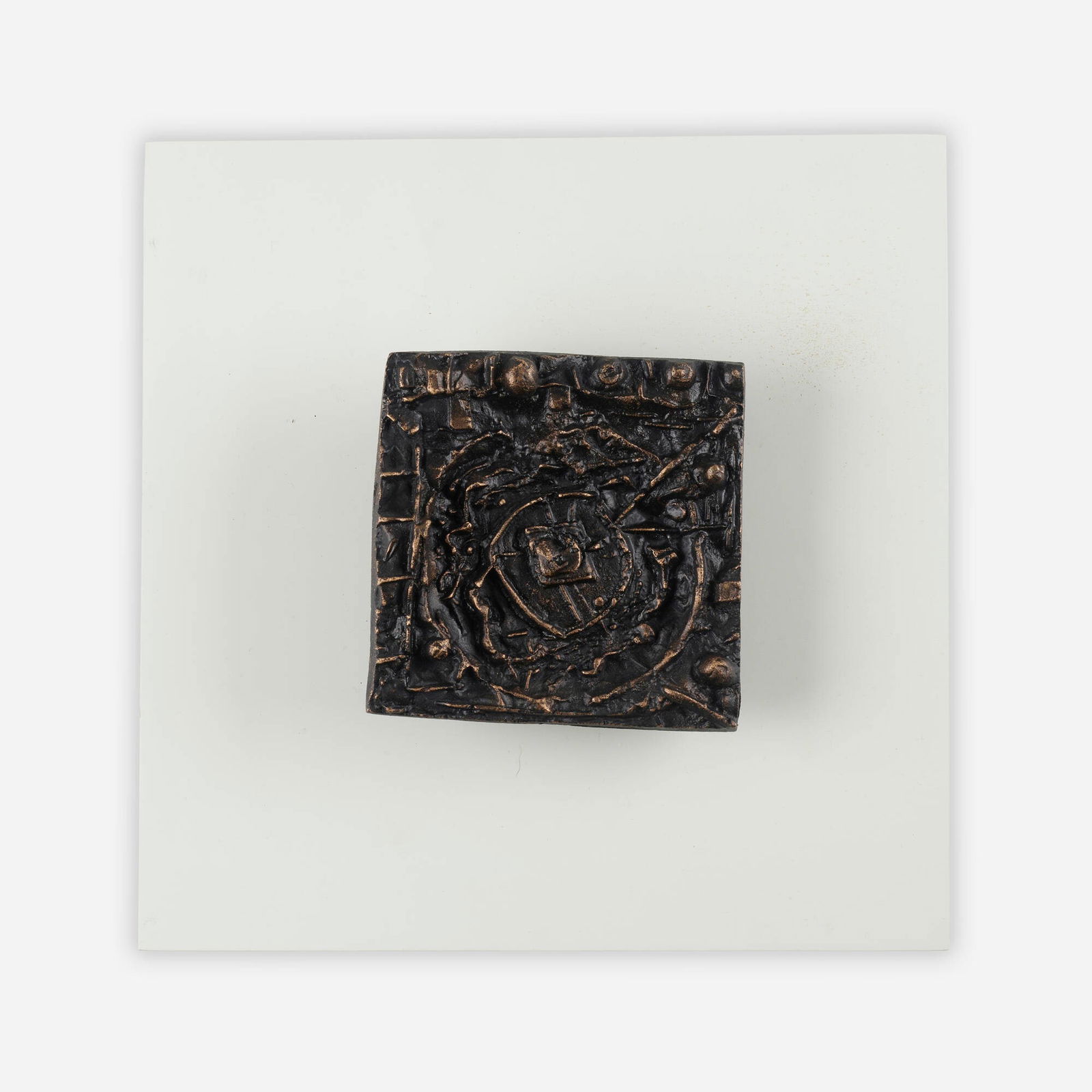 Paul Evans, Rare Sculpted Bronze door knocker: Paul Evans Rare Sculpted Bronze door knocker Paul Evans StudioUSA, c. 1965bronze, painted wood overall: 12 h x 12 w x 4 d in (30 x 30 x 10 cm) 5.5 h x 5.5 w x 2 d in (14 x 14 x 5 cm)