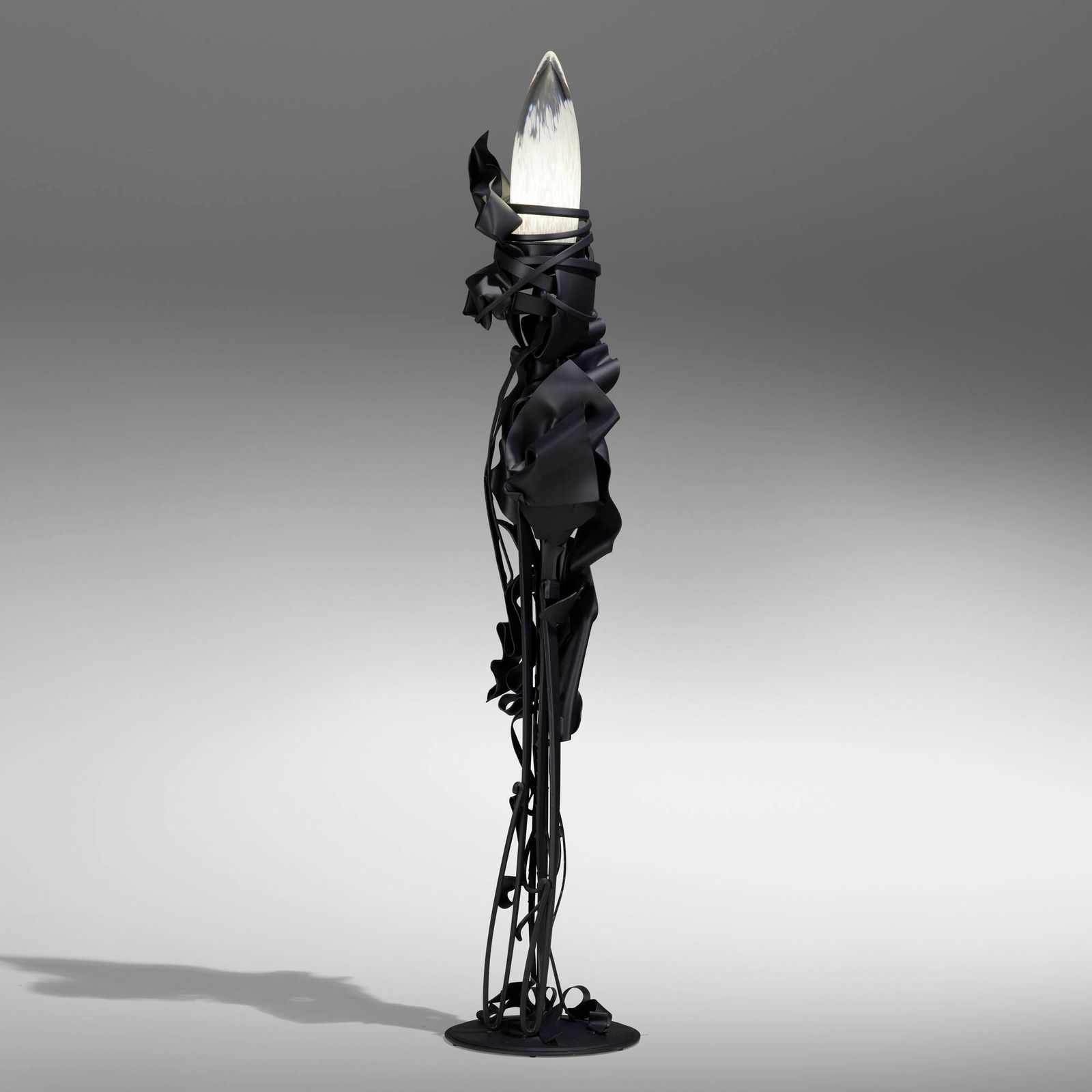 Albert Paley, Parabolic reading lamp: Albert Paley Parabolic reading lamp USA, 2014forged and fabricated steel with a blackened finish, glass 74.25 h x 14 dia in (189 x 36 cm) Impressed signature and date to top of base 'Albert Pa