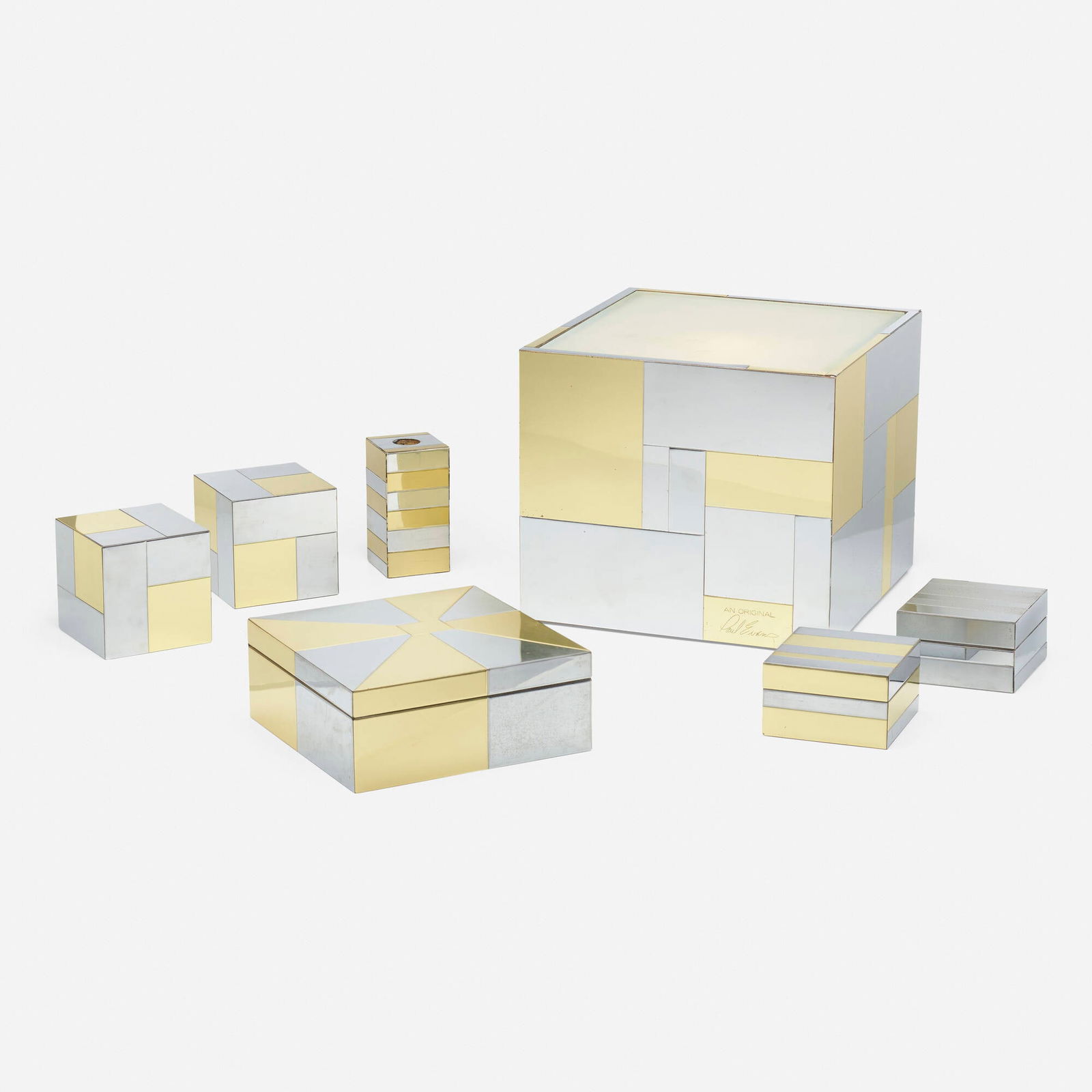 Paul Evans, Collection of seven Cityscape table articles: Paul Evans Collection of seven Cityscape table articles USA, c. 1975polished brass and chrome, wood largest: 12.25 h x 14.125 w x 14.125 d in (31 x 36 x 36 cm) smallest: 3 h x 5 w x 5 d in (8 x 13