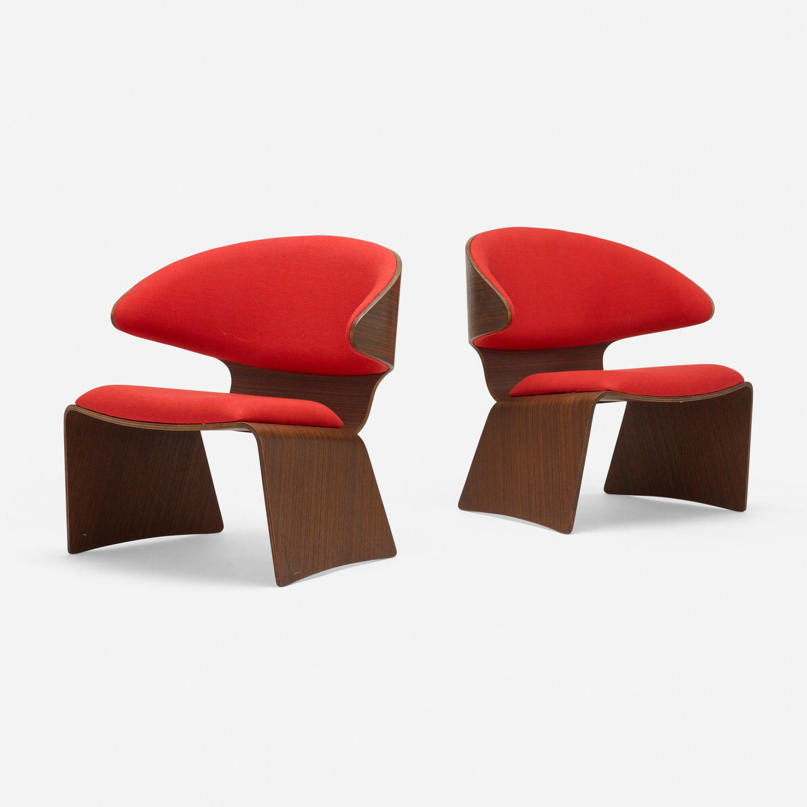 Hans Olsen, Bikini chairs, pair: Hans Olsen Bikini chairs, pair Frem RojleDenmark, 1961wenge plywood, upholstery each: 28.5 h x 29.5 w x 22 d in (72 x 75 x 56 cm) Branded manufacturer's mark to underside of each example