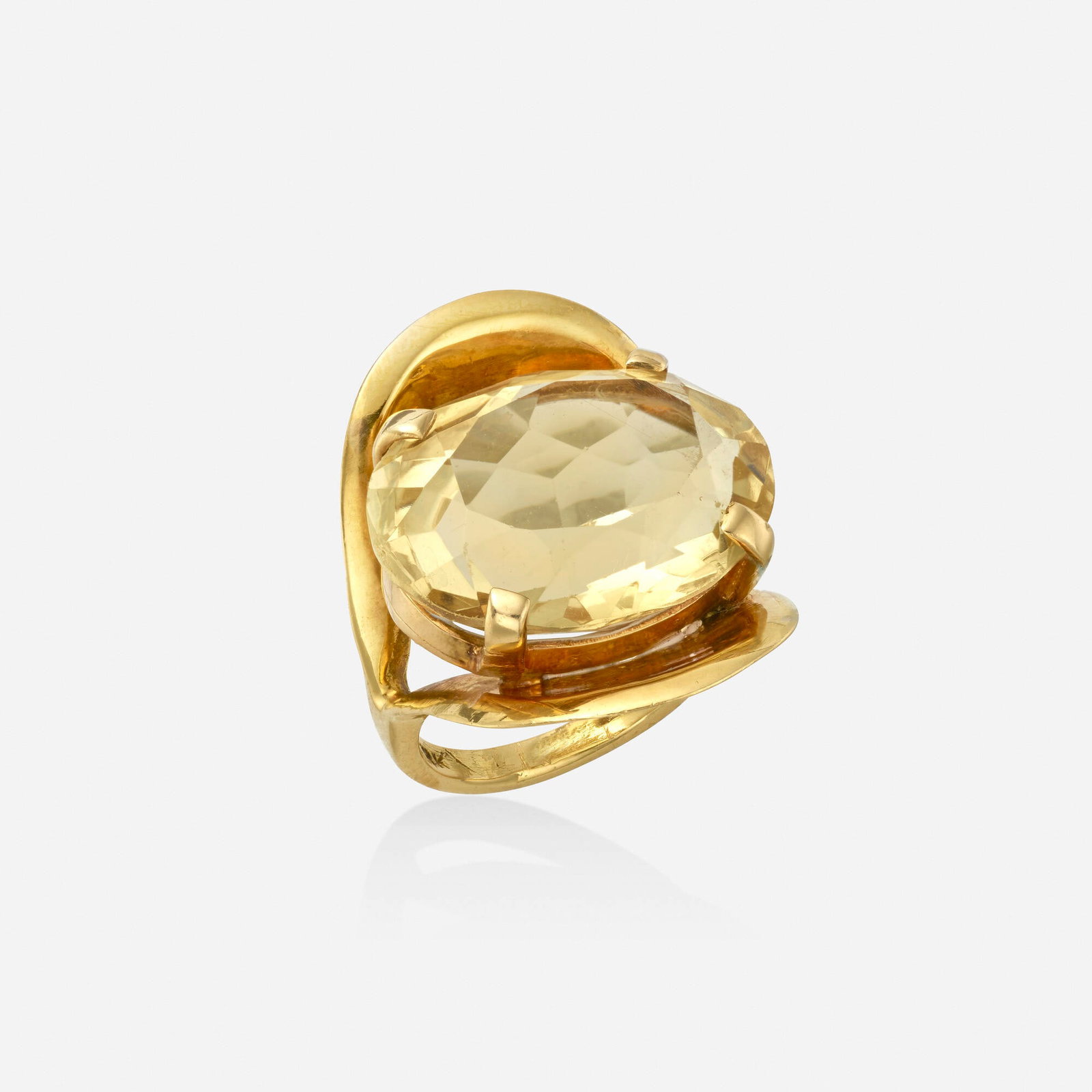 Seaman Schepps, Citrine and gold ring: Seaman Schepps Citrine and gold ring This ring is marked P.S.V. for Patricia Schepps Vaill, the daughter of Seaman Schepps, who oversaw the company from 1972 until the late 1980s. Set with an oval-cut