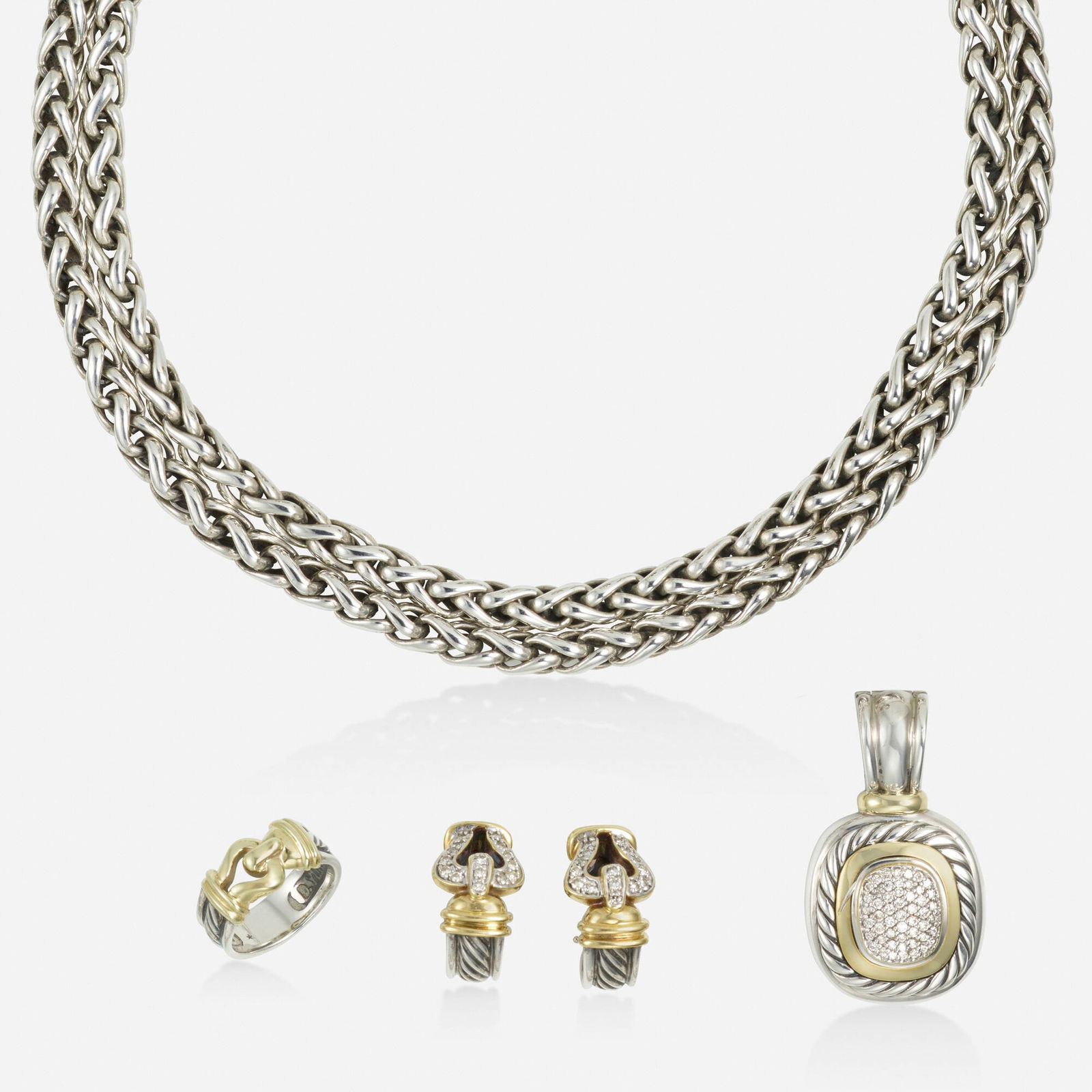 David Yurman, Sterling, gold, and diamond jewelry: David Yurman Group of sterling silver, gold, and diamond jewelry Comprising a pair of necklace, a pair of earrings, a pendant, and ring of buckle design, set with round brilliant-cut diamonds Sterling
