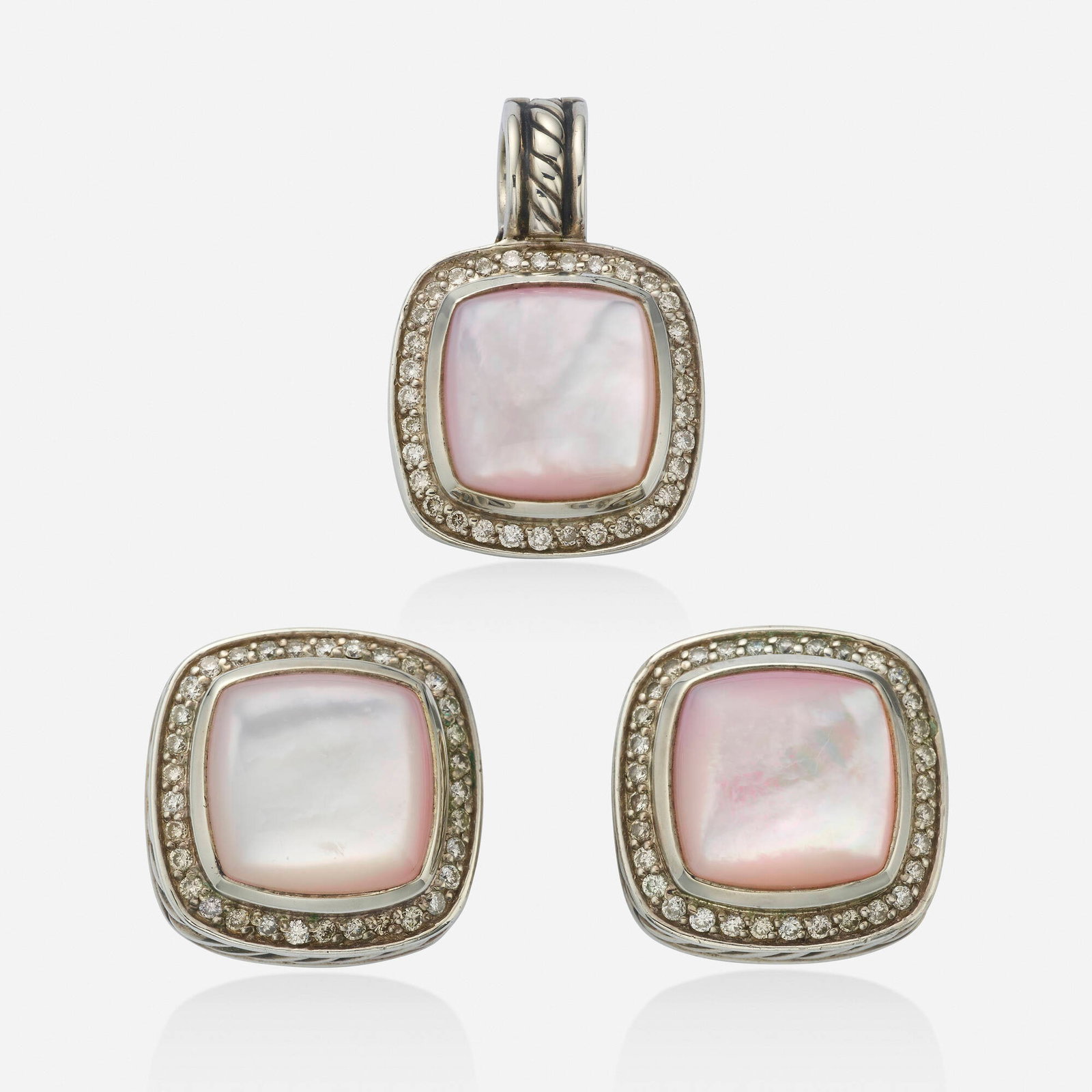 David Yurman, Mother-of-pearl, earrings, pendant: David Yurman Mother-of-pearl, diamond, and sterling silver earrings and pendant Each set with pink mother-of-pearl, framed by round brilliant-cut diamonds Sterling silver Signed D.Y. to each Earring