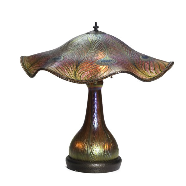 CHARLES LOTTON GLASS: Iridescent glass Peacock Feather lamp, 1998; Signed and dated; Overall: 21" x 21 1/2" dia.