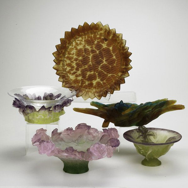 DAUM: Five pieces of pate-de-verre in original boxes, 20th c.: (2) iris bowls, rose footed bowl, Enzo Mari sunflower centerpiece and centerpiece with logs and flowers; All signed; Tallest: 7"