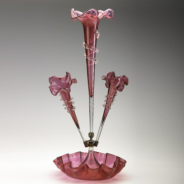 CRANBERRY GLASS EPERGNE;: 3-arm with bronze mounts, 19th c.; 23" x 16" x 10"