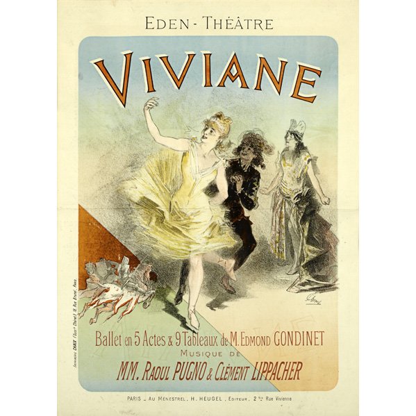 JULES CHÉRET (French, 1836-1932);: Lithograph in colors poster, "Viviane," (framed); Printed by Chaix, Paris; 31 1/2" x 23 3/4" Artist: Cheret, Jules