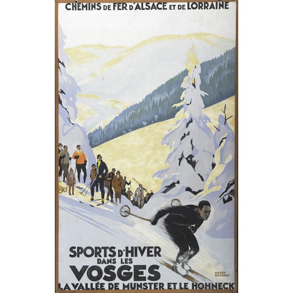 ROGER BRODERS (British, 1883-1957): Color poster lithograph mounted on linen covered board, "Sports D'Hiver Dans Les Vosges," ca. 1930; Signed in the plate, Lucien Serre, Paris; 40" x 25" Artist: Broders, Roger