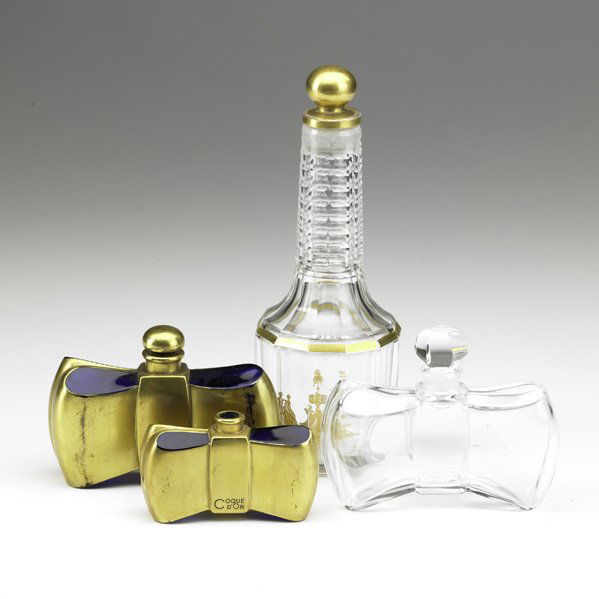 BACCARAT: Four perfume bottles, 20th c.; Three Guerlain bowties, two gilt over blue glass "Coque D'Or" and "Louis XV Flacon" bottle for Houbigant; All marked; Tallest: 7 3/4"
