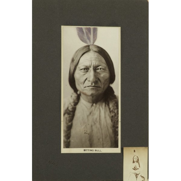 SITTING BULL CABINET CARD;: Close-up portrait by D.F. Barry with hand-drawn feather, 19th c.; Photo stamped 'Copyright D.F. Barry, card backer embossed 'Barry'; 9" x 4"