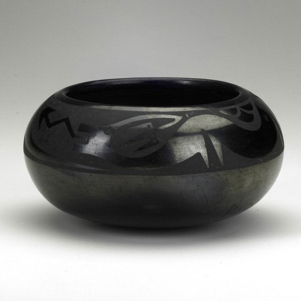 POPOVI; SAN ILDEFONSO BLACKWARE: Vase with Avanyu design, ca. 1950; Signed Popovi 564; 3 1/2" x 6"
