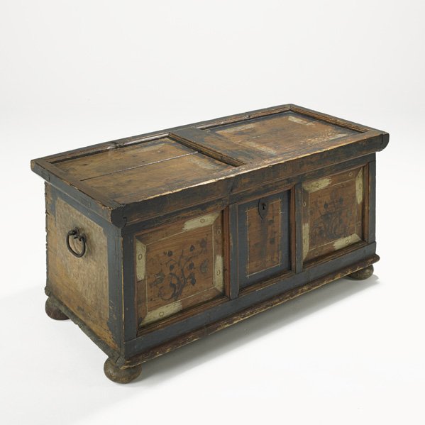 PAINT-DECORATED BLANKET CHEST: Mixed woods with paneled top and front, bun feet, 19th c.; 22 1/2" x 49 1/2" x 22 1/2"