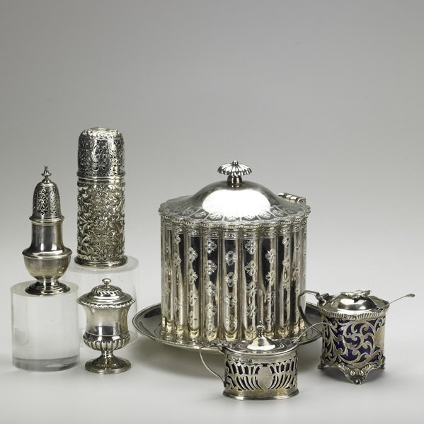 ENGLISH SILVER;: Eight items, 18th/19th c.; E. Finley & H. Taylor sugar shaker, Sam Wood caster, John Booth potpourri, covered jam pot, mustard pot, two jam spoons and Harris & Land silver-plate biscuit tin; 15.5 OT w