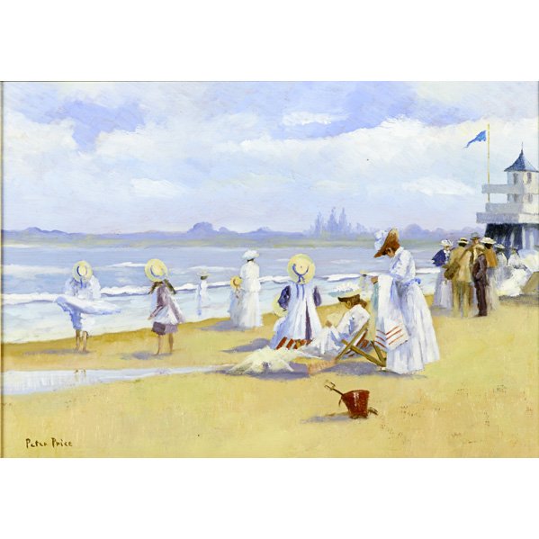 PETER PRICE (New Zealander, b.1935): Three oil on board Edwardian beach scenes and a harbor scene (framed); Each signed; Largest: 13" x 18" Artist: Price, Peter