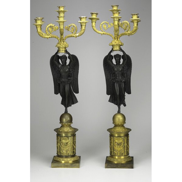 PAIR OF FRENCH DORE BRONZE CANDELABRA: 6-arm with patinated winged goddess, 19th c.; 36 1/2"; Provenance: Estate of Pearl S. Buck