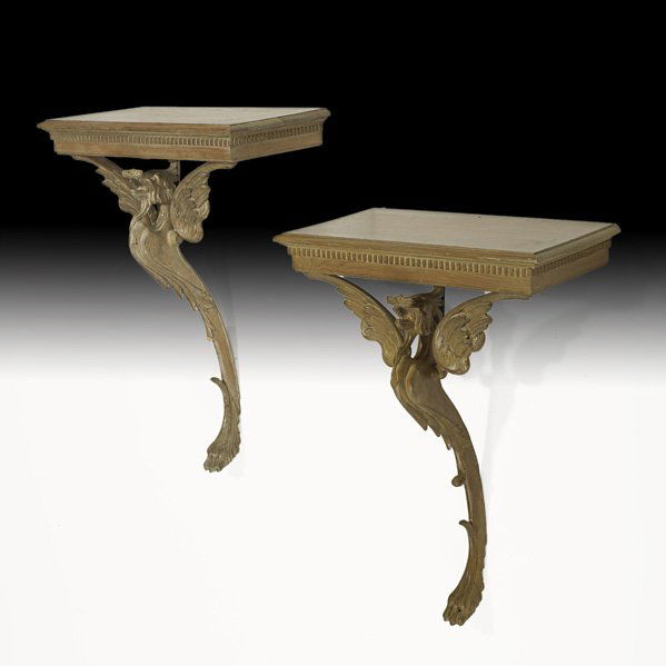PAIR OF CONTINENTAL WALL CONSOLES;: Fruitwood with carved pedestals, early 20th c.; Provenance: Estate of Mary Martin