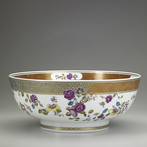 MOTTAHEDEH PORCELAIN PUNCH BOWL;: Famille Rose pattern, late 20th c.; 6" x 14 3/4" dia.