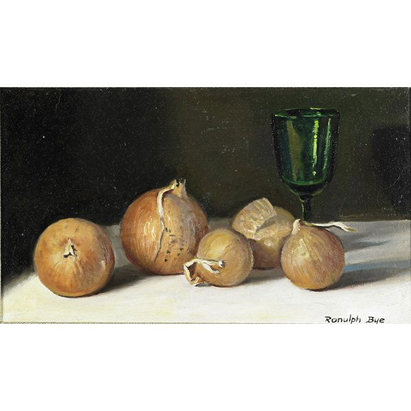 RANULPH BYE (American, 1916-2003);: Oil on panel, "Still Life with Onions," 1987 (framed); Signed, titled and dated; 7" x 12"; Exhibition: Salmagundi Club, 1987 Artist: Bye, Ranulph