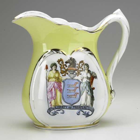 GREENWOOD POTTERS (Attr.);: Porcelain presentation pitcher for the New Jersey Speaker of the House with New Jersey state seal, Trenton, ca.1860; Possibly owned by William Pennington; 9 1/2" x 9 1/2" x 6"