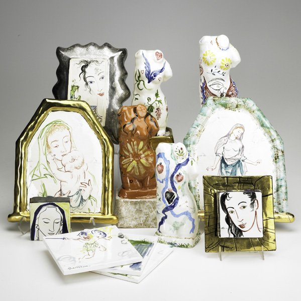 ANTONIO GATTORNO (Cuban, 1904-1980);: Fourteen hand-painted ceramic pieces: four torsos, sketchbook and five plaques, ca. 1950; Torsos and some sketches signed Gattorno, others signed Adel Wybrant; Tallest: 8"; Note: Similar examples can 
