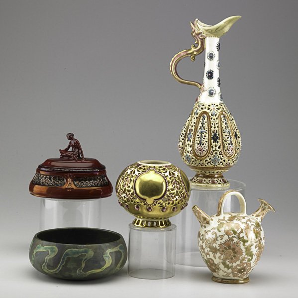 ZSOLNAY: Five items, 19th/20th c. include flambe covered dresser jar, lustre bowl, ewer with figural dragon handle, etc.; All marked; Tallest: 11"