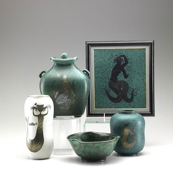 GUSTAVSBERG: Five items by Wilhelm Kage or Stig Lindberg, mid 20th c.; Argenta covered jar, plaque, bowl and vase together with Grazia vase; All marked; Tallest: 9 1/4"