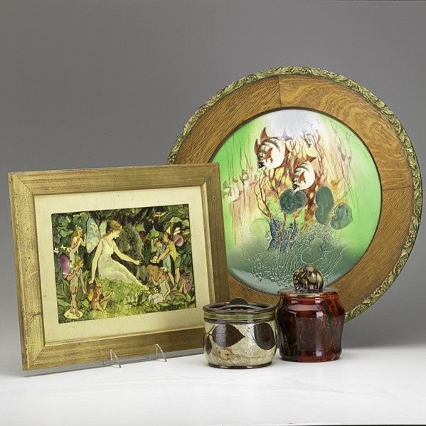 DOULTON PORCELAIN: Four items, late 19th/early 20th c.; Flambe tobacco jar, fairy plaque, "The Old Wife" charger and stoneware humidor; All marked; Tallest: 6 1/4"