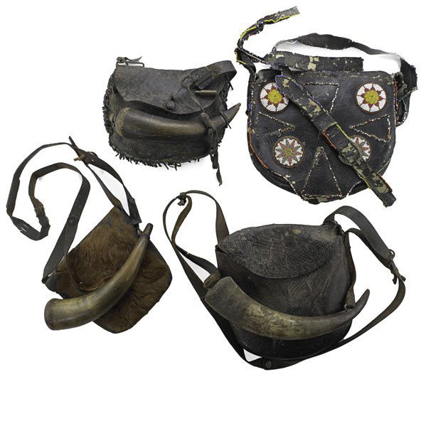 HUNTING BAGS;: Four in hide or leather, 19th/20th c.; Three with powderhorns; Largest: 10" x 9 1/2"