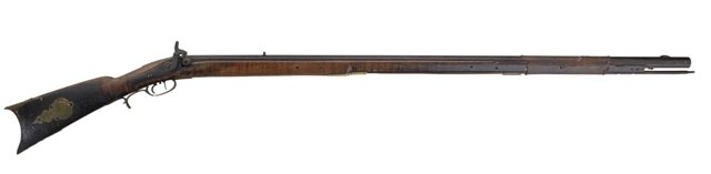 PLAINS RIFLE: Converted to cap and ball, full stock, octagonal barrel and engraved brass patch box and trigger guard, 19th c.; J. Bishop lock; 60"